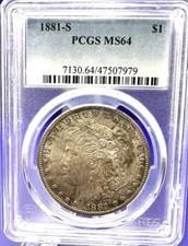 MS64 GRADED  1881 -S PCGS Morgan Silver Dollar Toned Slight Iridescence