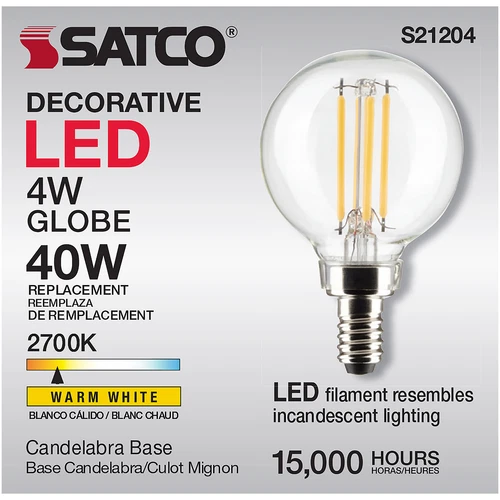 Satco S21204 LED Filament Bulb 120V 4W 40W G16.5 Candelabra E12 2700K Warm White - Picture 5 of 12