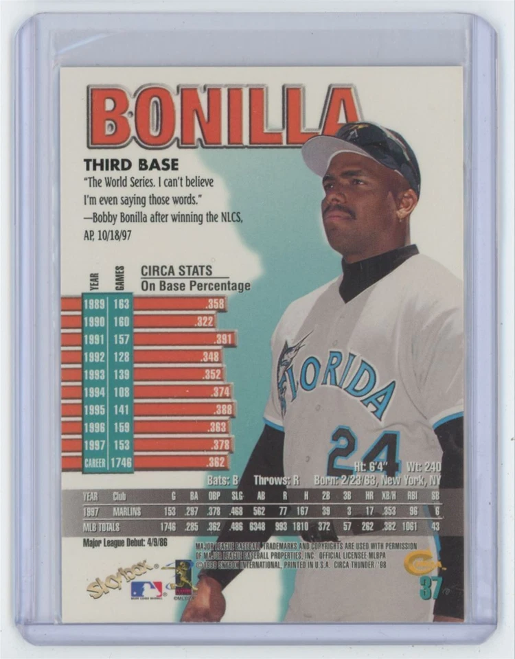 1998 SkyBox Bobby Bonilla . Florida Marlins #37 - Image 2 of 2