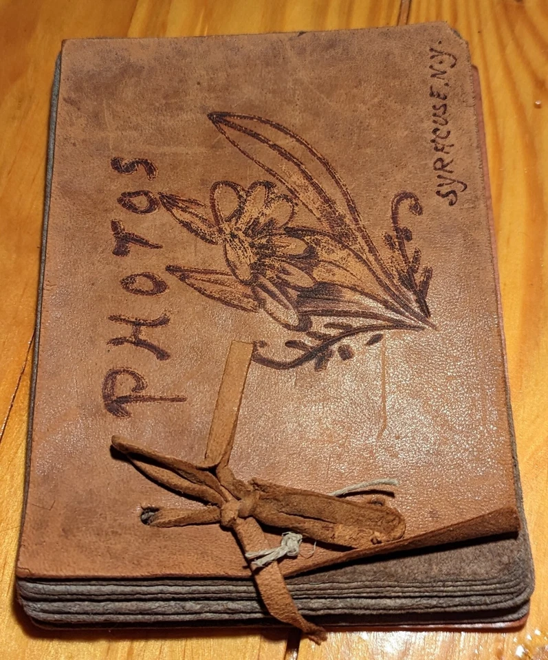 Vintage antique Syracuse NY leather photo album tooled leather with pictures - Image 4 of 4