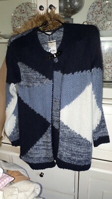 Grobstrick lange Jacke Strickmantel 36/38 blau weiß gemustert