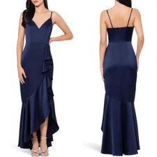 NEW XSCAPE Navy SIDE RUFFLE Satin FAUX WRAP Midi EVENING DRESS Tulip GOWN 6