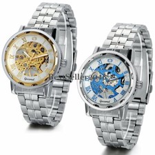 Skeleton Automatic Mechanical Wrist Watch Stainless Steel Band Analog for Men