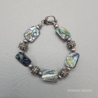 VTG Rectangle Abalones & Silver Tone Beaded Bracelet 8.75'' Long, Toggle Closure