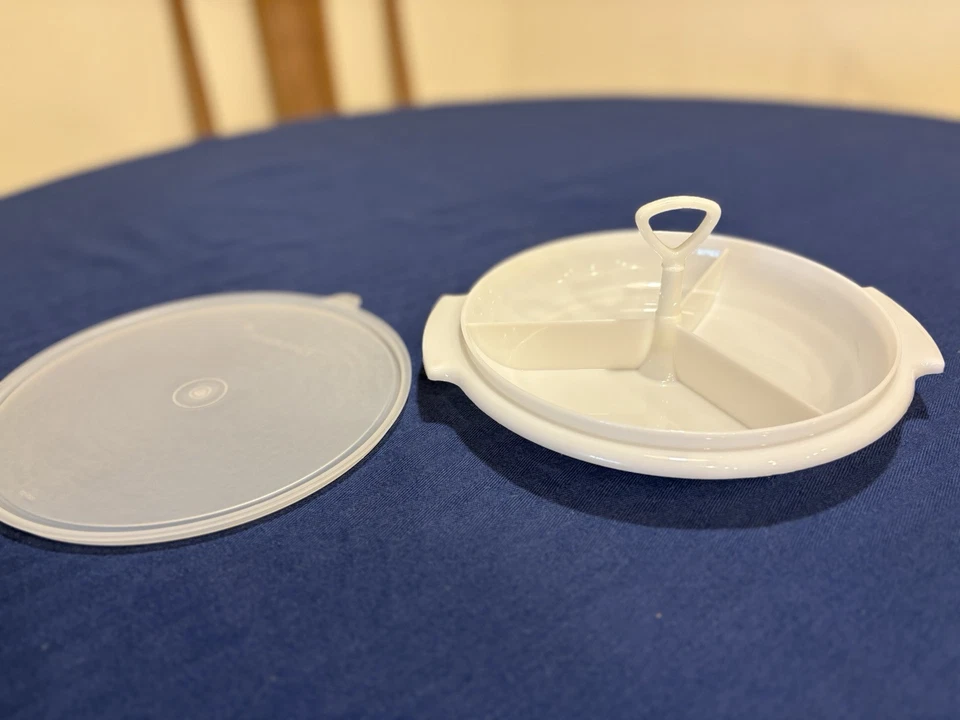 Tupperware Vintage Suzette White Divided Relish Server With Burp Seal Lid #608 - Image 2 of 4