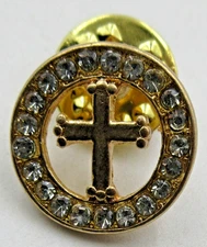 VTG ? clear Rhinestone CROSS Open Work Christian LAPEL TAC PIN Gold tone metal