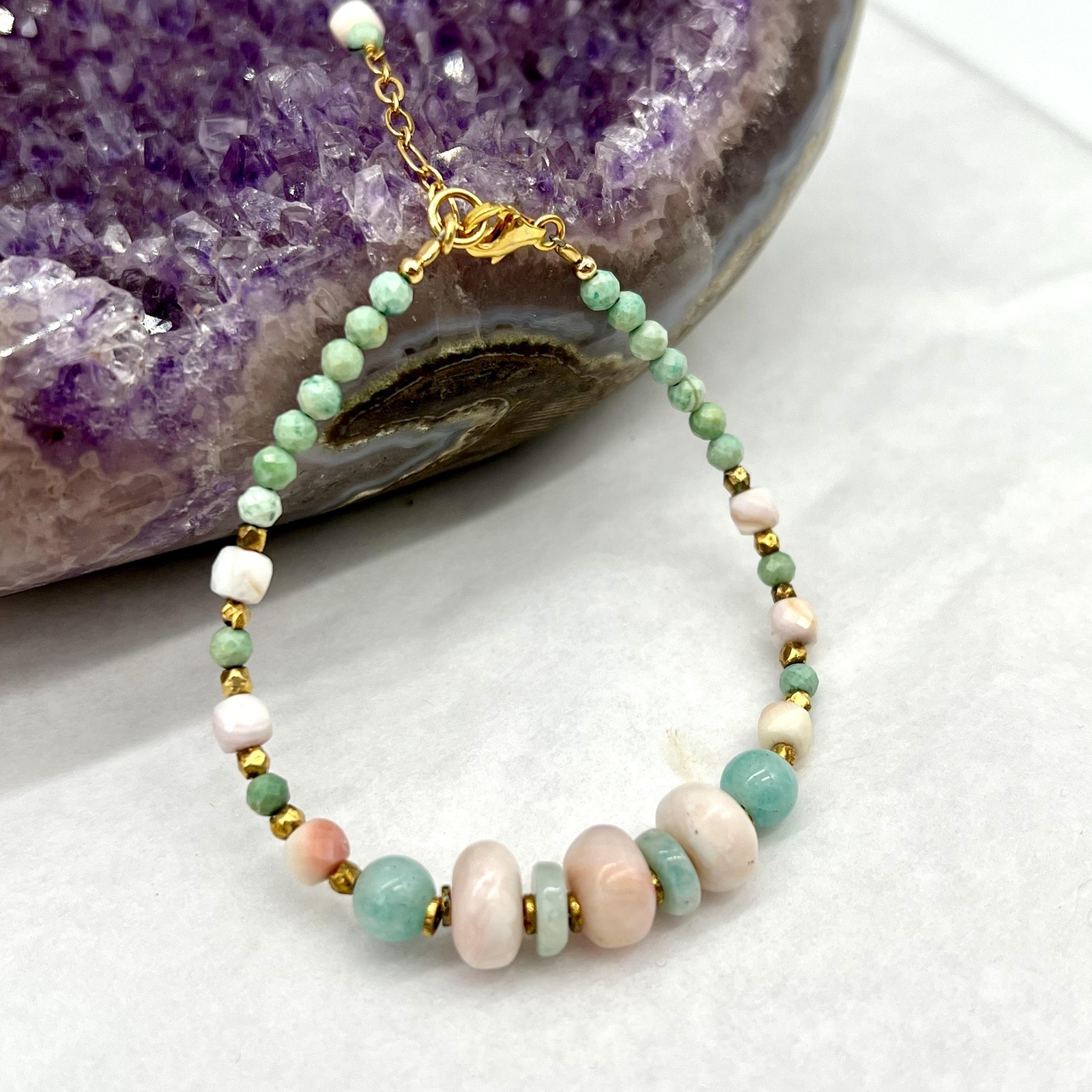 Bracelet amazonite opale rose véritable et fermoir vermeil 17-20 cm