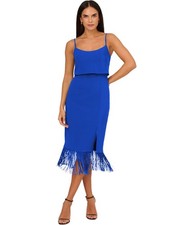 Adrianna Papell Womens Fringe Hem Midi Sheath Dress, Blue, 4