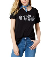 Carbon Copy Womens Cactus Embellished T-Shirt, Black, Small
