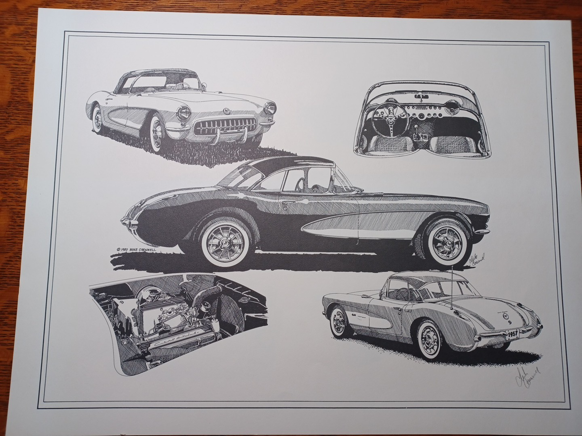 Classic 1957 Corvette Drawing By Mike Cornwell Signed Unframed
