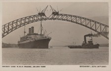 AUSTRALIA,NSW,BRIDGE SPAN NEAR COMPLETE,RMS ORAMA & TUG,AUG 1930,WOB,RP,PUB E.A.