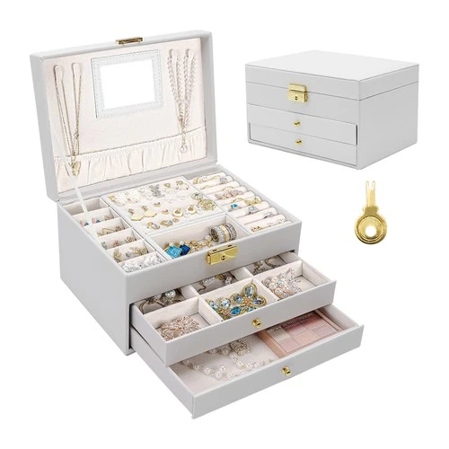 White 3-Layer Jewelry Box Portable Travel Storage Case with Mirror & Lock Key