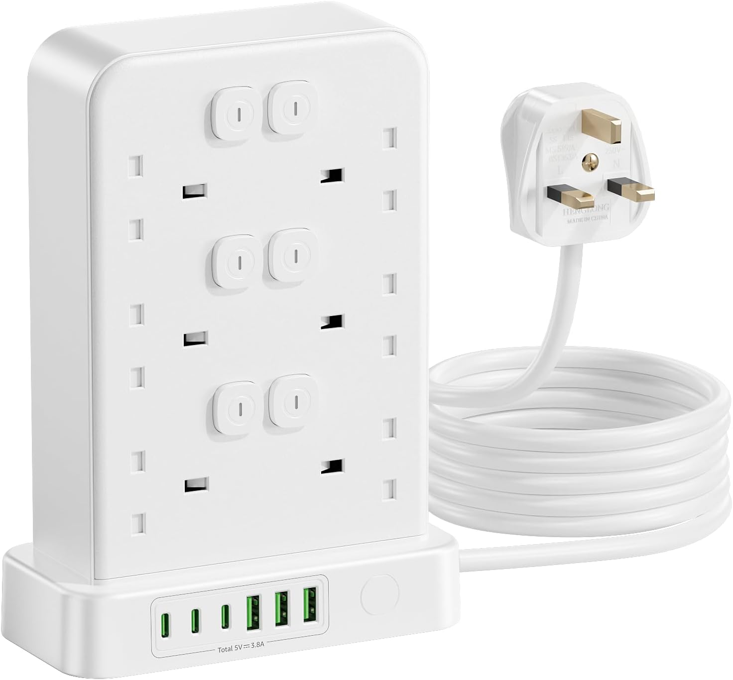 Tower Extension Lead with USB Slots, 12 Way 13A 3250W Power Strip with 12 Indivi