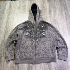 MMA Elite All Over Print Y2K Full Zip Hoodie Size XL Gray Affliction Style