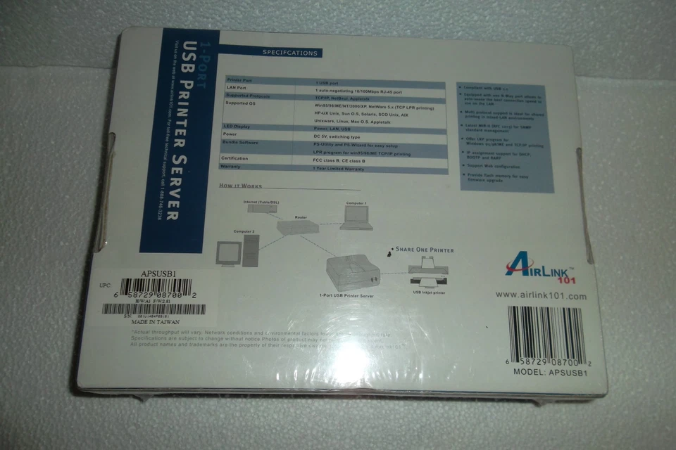 Airlink 1-Port USB Print Server 10/100 Mbps RJ-45 LRP TCP/IP DHCP APSUSB1 NEW - Image 2 of 4
