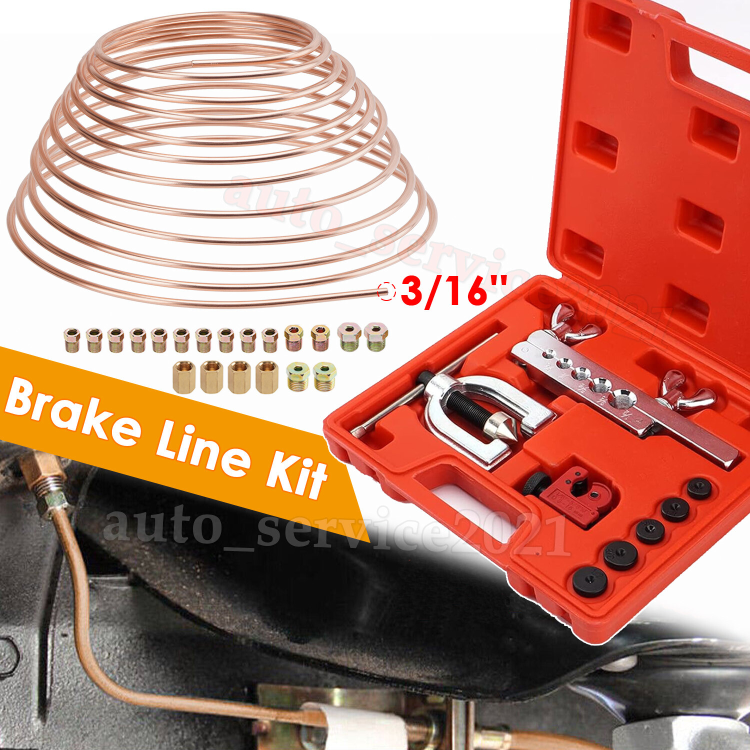 Kit 25FT 3/16 Copper Pipe Flaring Tool w/20 Nuts Fittings Brake Line