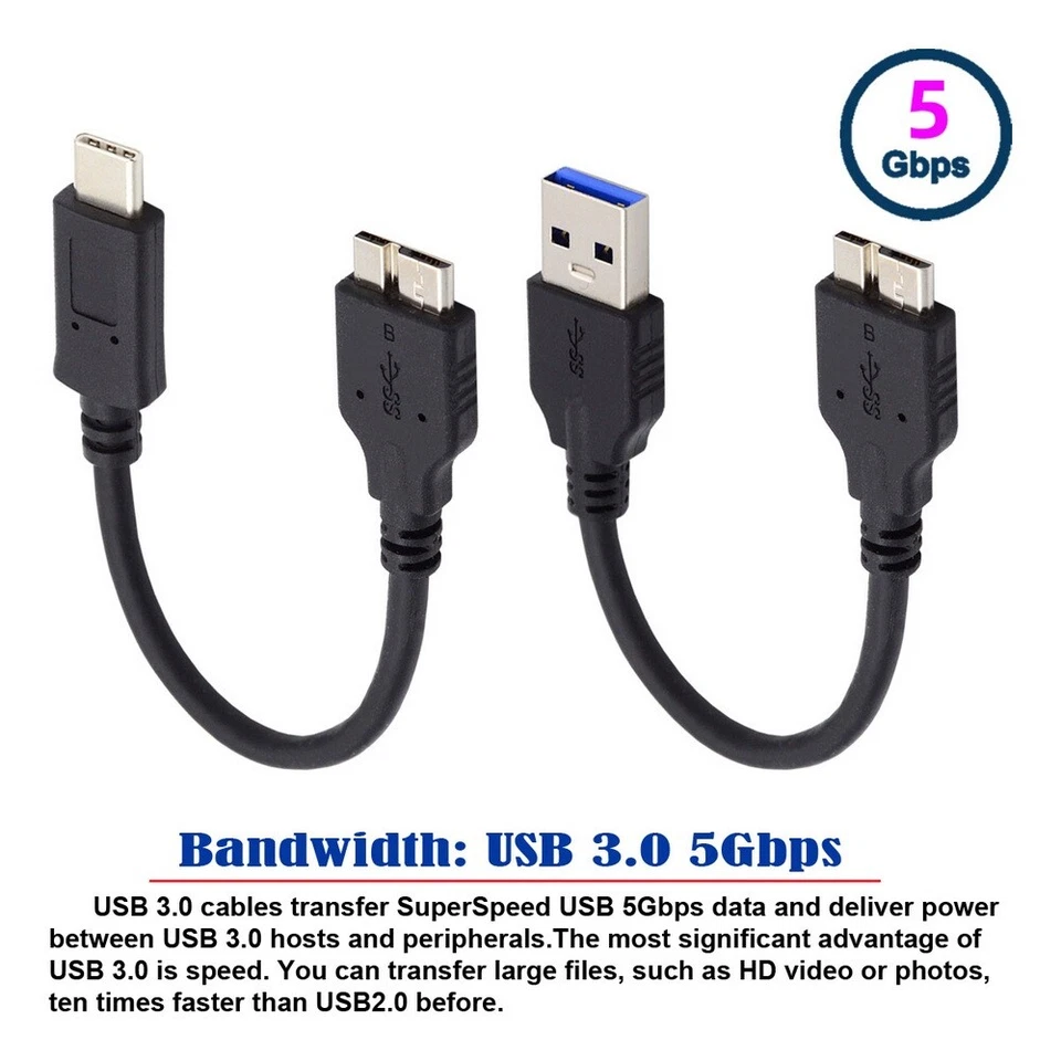 USB 3.1 USB-C Type-C to Type-A Male to Micro 3.0 B Male Disk SSD Data Cable - Image 2 of 4