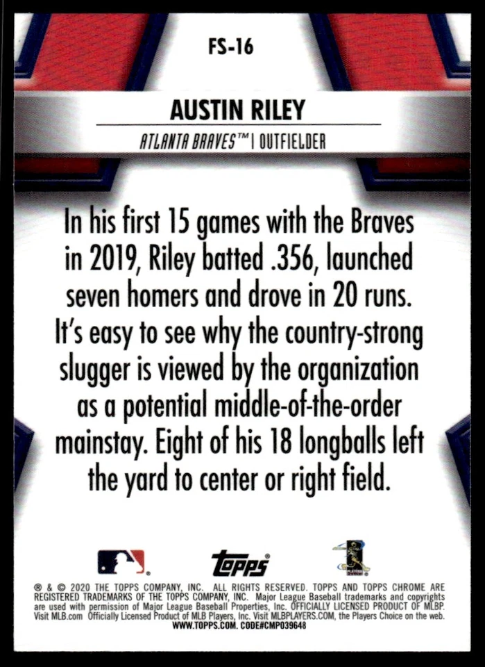 2020 Topps Chrome Future Stars Austin Riley R23 Atlanta Braves #FS-16 - Image 2 of 2