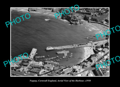 OLD LARGE HISTORIC PHOTO NEQUAY CORNWALL ENGLAND AERIAL VIEW OF HARBOUR c1950