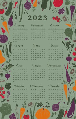 Home-Landing, ''Garten Gemüse Kalender 2023'', Leinen Union Geschirrtuch. UK.
