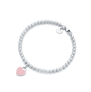 Tiffany & Co Sterling Silver Pink Enamel Heart Tag Pendant Bracelet 17CM