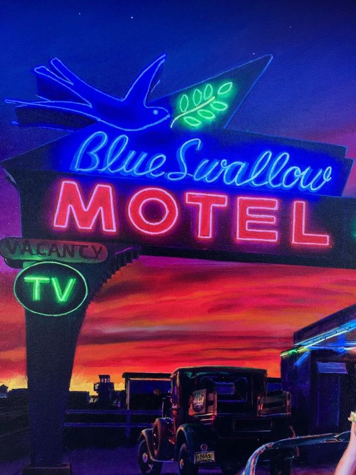 BLUE SWALLOW 28x22 VANCAS Pinup 50s CORVETTE THUNDERBIRD UFO NEON Elvgren Pin-Up - Image 3 of 4