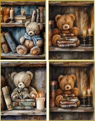8 Teddy Bears books candles Vintage glossy blank fold out note card w/envelopes