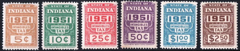SRS IN D155-161 5¢-$2.50 Indiana Intangible Tax Revenue Stamps (1951) MNH