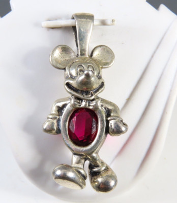 Vintage GEBURTSSTEIN-ANHÄNGER STERLINGSILBER Disney Mickey Mouse Januar roter Granat