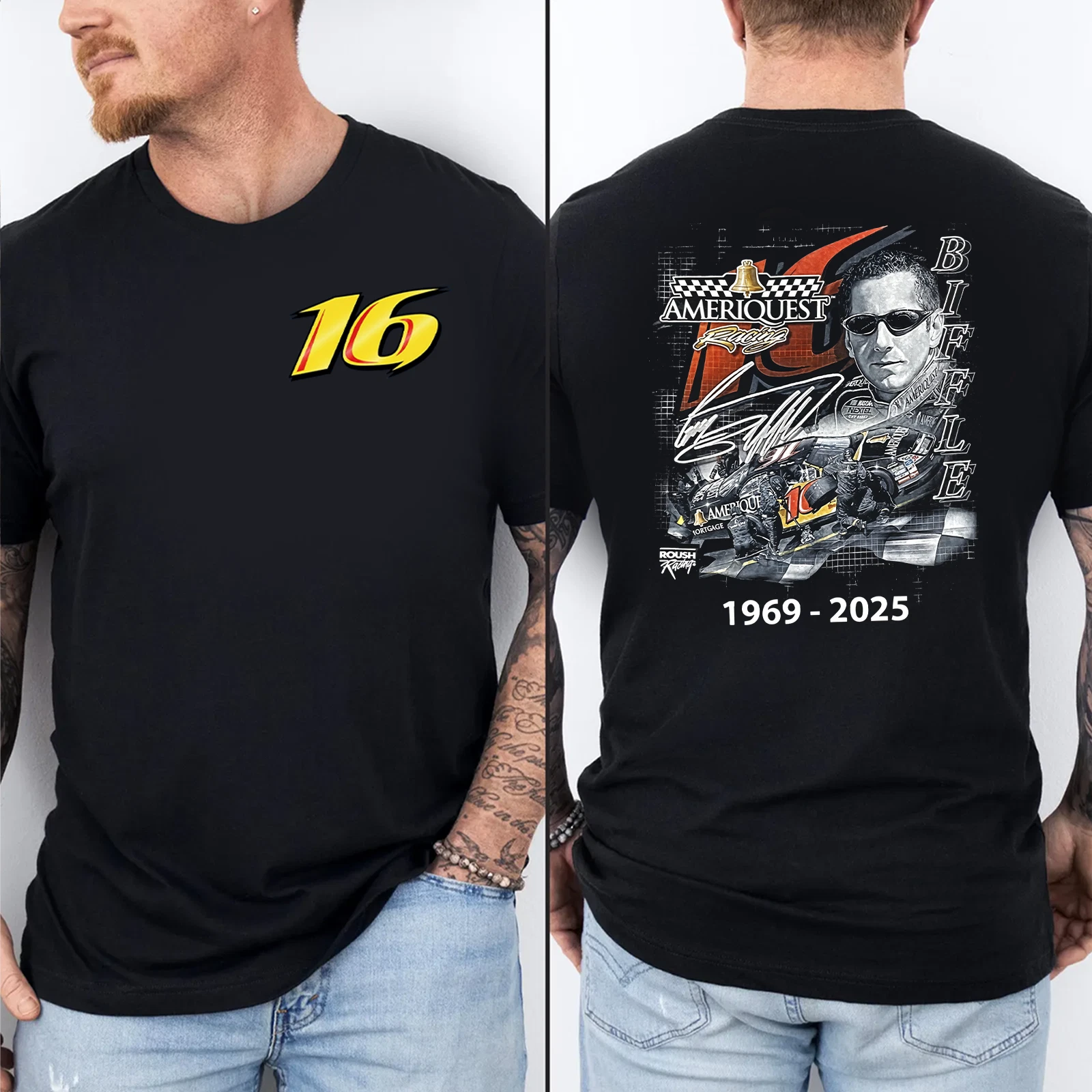 16 Greg Biffle T-Shirt, Legend Tribute 1969-2025 Both Sides Black Shirt