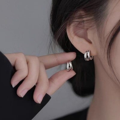 Women Girl Sterling Silver Plated Double Lines Huggie Hoop Earrings 13mm G3