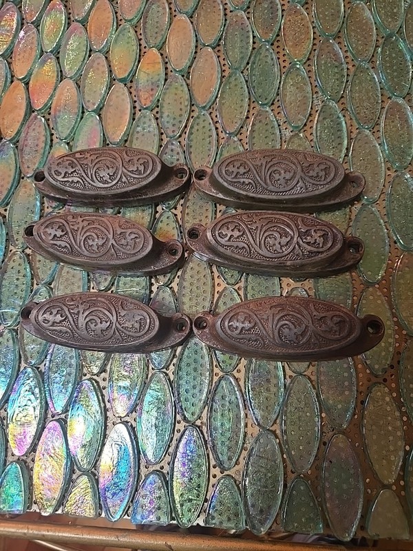 FANCY c1873 SET of 6 matching authentic VICTORIAN cabinet pull hardware Aprox 4”