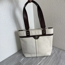 COACH Tote Purse “Hamilton” Leather Bag Stone Ivory w Brown Trim J0960-F13959