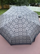 COACH Signature Logo Umbrella Black  Graphite Grey Push Button Open No Sleeve