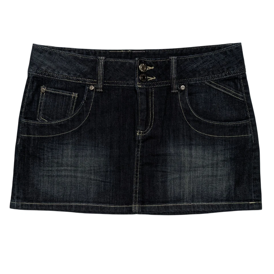Minifalda microfalda vintage Y2K Guess Jeans tiro bajo para mujer 27 denim oscuro Mallcore Foto 2 de 4