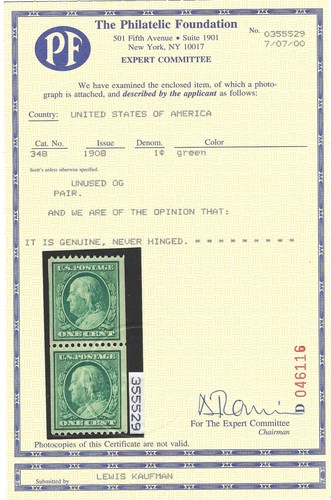 EE. UU., 1908, par Scott #348, como nuevo, O.G., N.H., certificado de fundación filatélica - Imagen 3 de 3