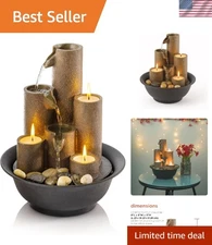 Indoor Tabletop Tiered Water Fountain Featuring 3 Candles for Desktop and Tab...