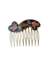 Vtg Black Rose Cloisonn Hair Comb