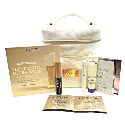 Lancome 8 Piece Gift Set Travel Skin Care & Makeup White Bag Mascara Absolue EDP