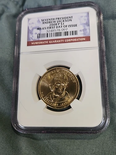 2008-P $1 Coin, Andrew Jackson 7th President Graded NGC MS65 First Day Of Issue
