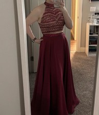 Sherri Hill Burgundy Halter Two Piece Prom Dress Size 8