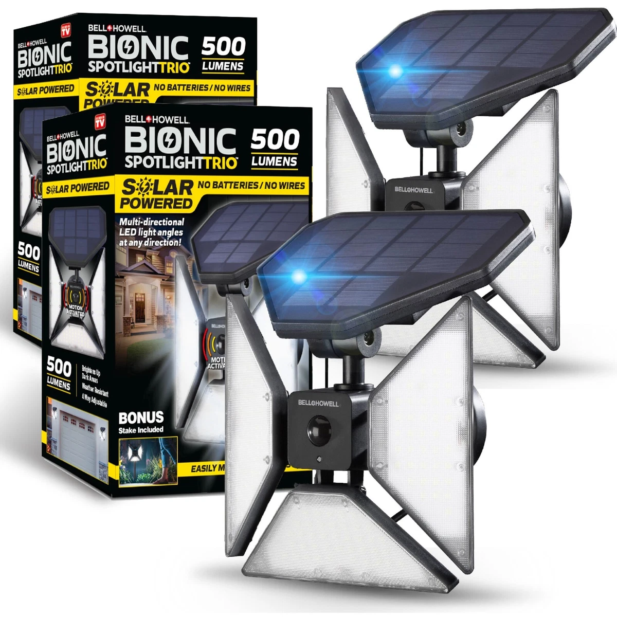 Bell Howell Bionic Spotlight Trio Solar Powered Motion Sensor Lights 2 Pack