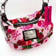 Betsey Johnson Rare Betseyville Hobo Bag Skull Roses Print Studded Pink