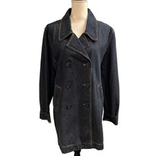 Vtg Denim Jacket Womens Xl Double Breasted Long Trench 90s Y2k Izod Dark Wash