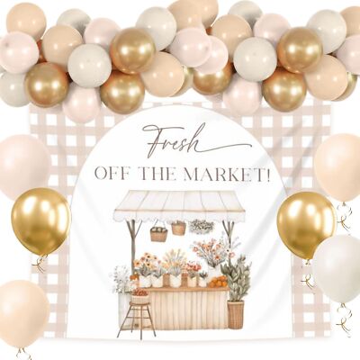 She's Fresh off The Market Backdrop Bridal Shower Decorations Beige Gingham W...