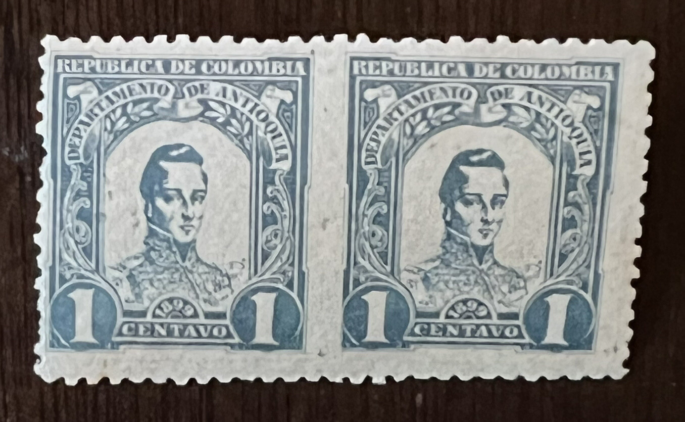 ERROR COLOMBIA ANTIOQUIA STAMP PAIR IMPERF IN MIDDLE