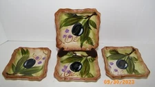 Olives By Tabletops Unlimited Hand Painted 4"X4" Dip Plate Bowl Dish Set 4 EUC