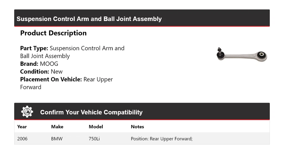 For 2006 BMW 750Li Control Arm Ball Joint Assy Rear Upper Forward MOOG - Image 2 of 4