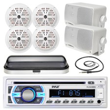 4 Silver 3.5" Marine Box Speakers, Pyle USB AUX Bluetooth Radio, Antenna, Cover