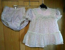 Vintage Baby Toddler Girls Pink White Pinafore 3pc Bryan Dress Roses Sz 18 Mo.